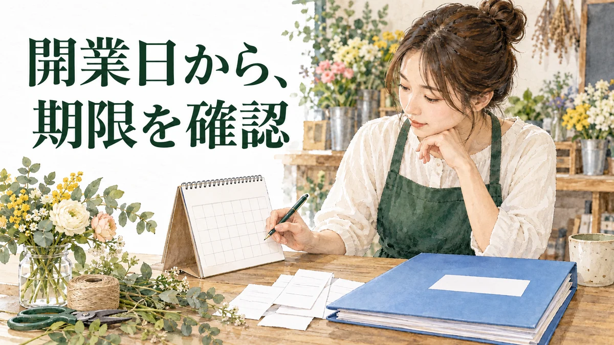 青色申告の申請に向けて、花屋の店主が開業日と期限を確認するイラスト