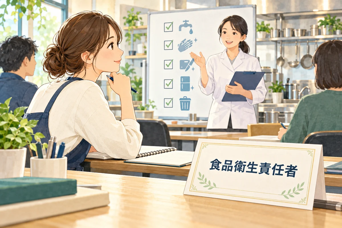 食品衛生責任者の養成講習を受け、飲食店を開く準備をする店主のイラスト