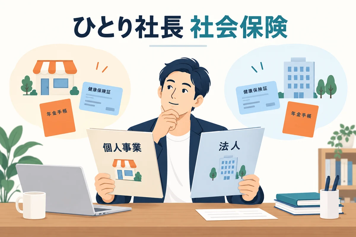 ひとり社長の社会保険を、個人事業と法人の資料を見比べて確かめる人のイラスト