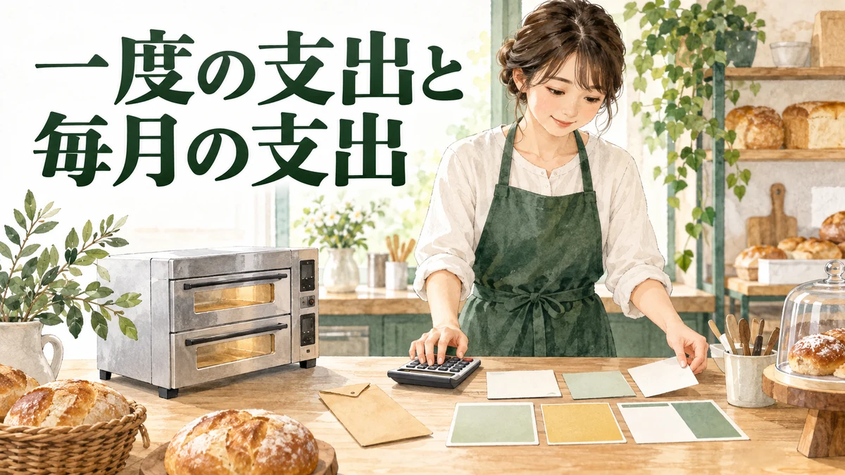 開業費用について、一度の支出と毎月の支出を整理するパン店のイラスト