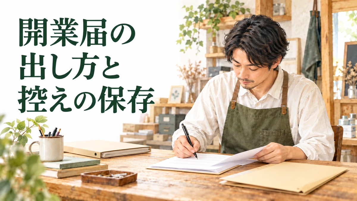 開業届の出し方と控えの保存。店主が机で書類を確認し、フォルダへ整理する場面