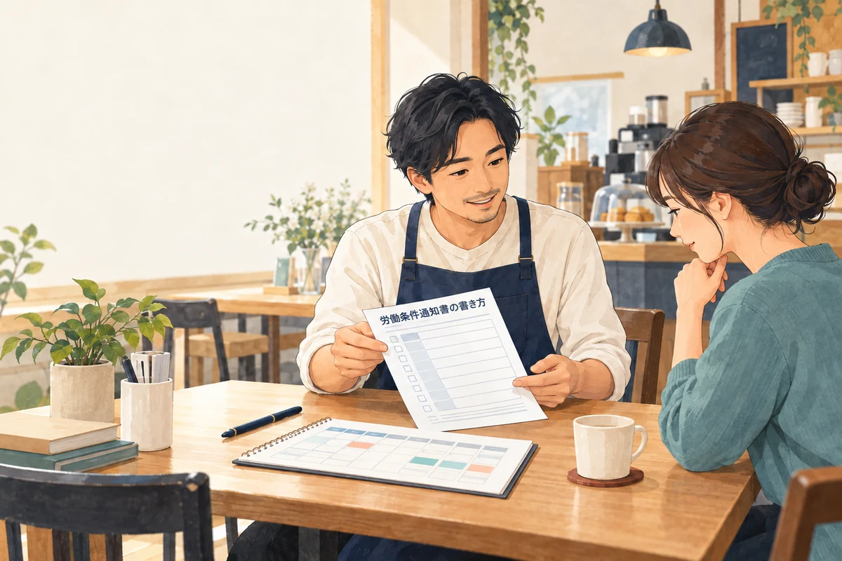 小さな店の店主が、採用する人と労働条件通知書を確かめるイラスト