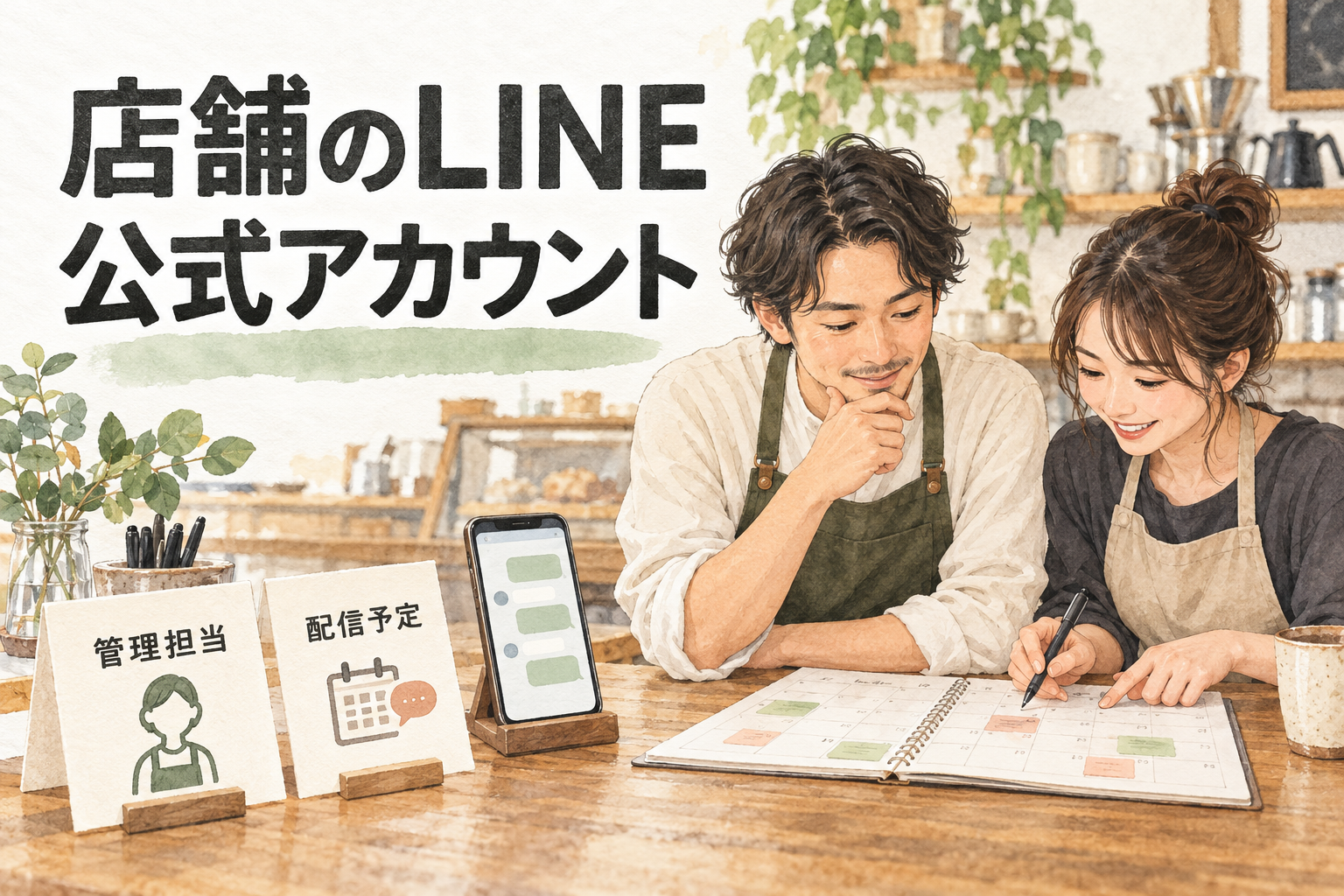 店舗のLINE公式アカウントの管理担当と配信予定を確認する店主とスタッフ