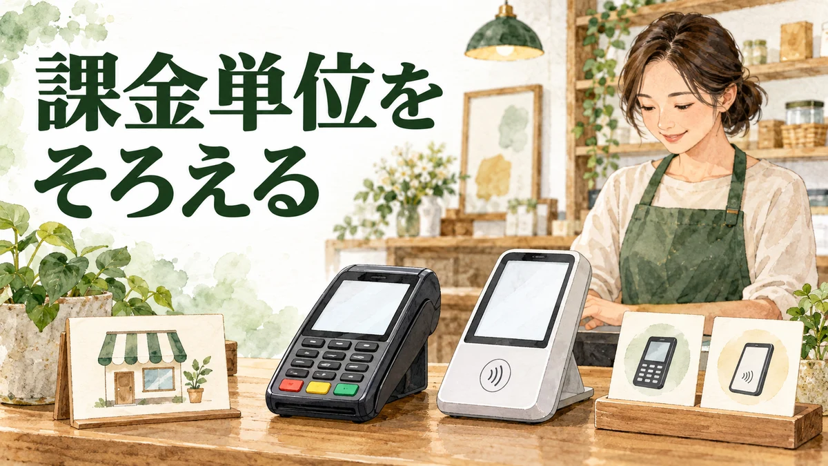決済端末の費用を台数と店舗数に分けるイラスト。実機の写真ではありません