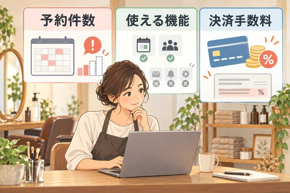 予約システムの無料プランを、予約件数・使える機能・決済手数料で確かめる店主のイラスト