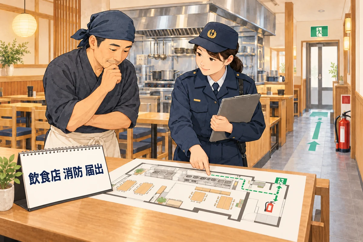 飲食店の消防の届出の前に、店主と消防職員が厨房設備と避難経路を図面で確かめるイラスト