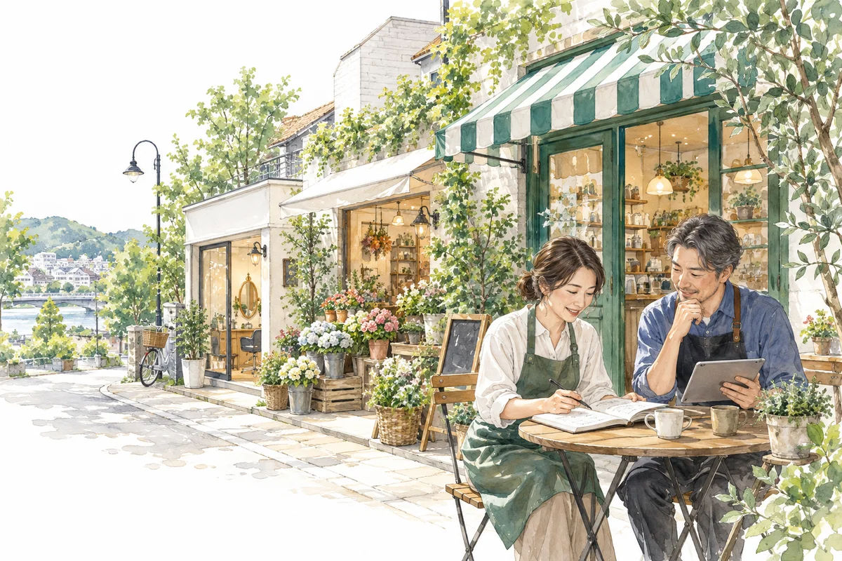 小さな店舗の前で開業のノートとタブレットを確認する二人の店主
