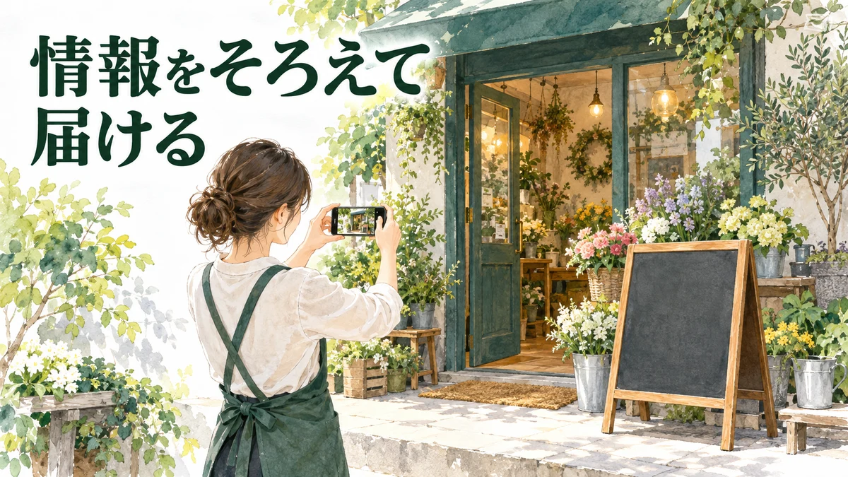 お店の集客ツールを使い、花屋の営業情報を届けるイラスト