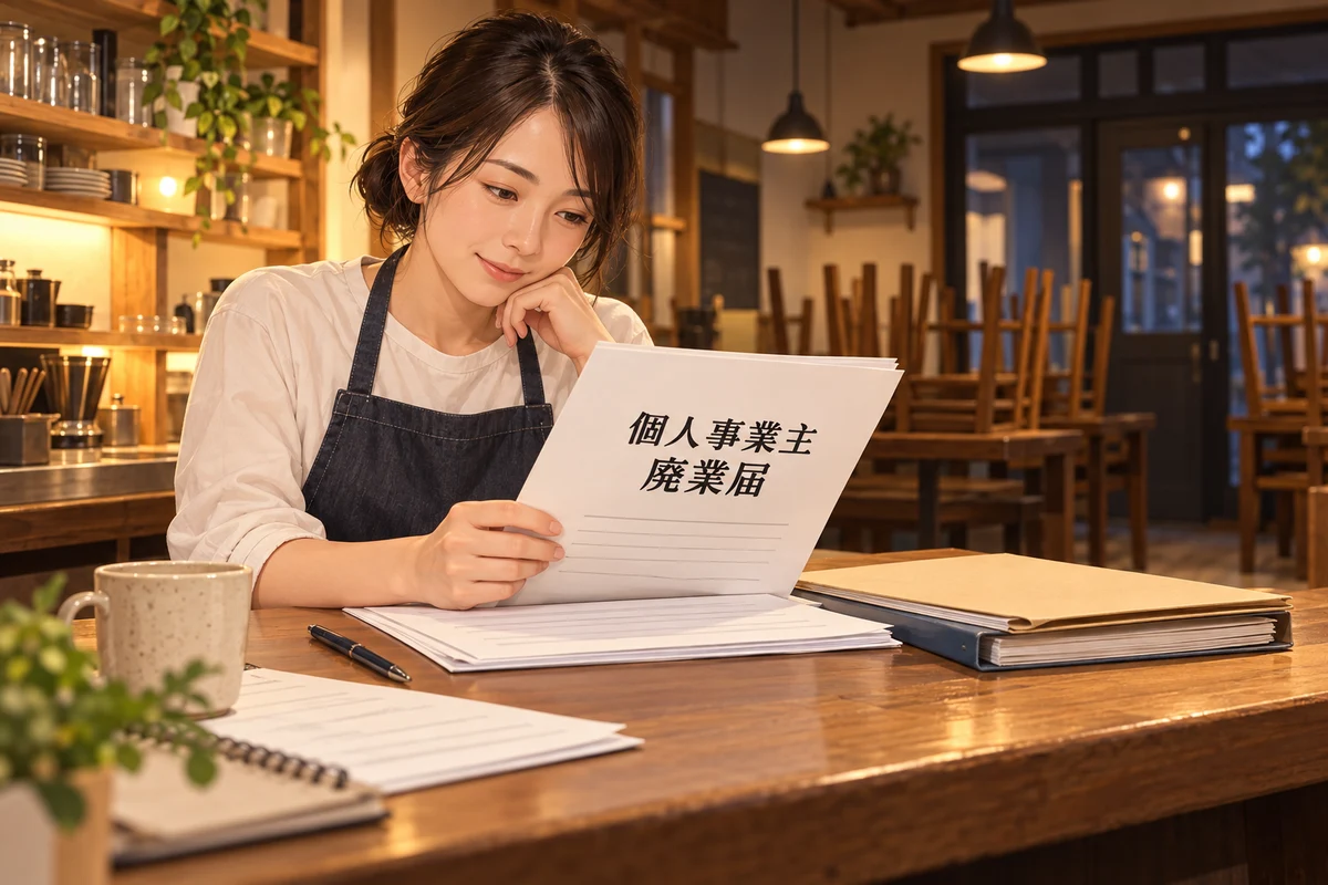 「個人事業主 廃業届」と書かれた書類を確かめる、閉店前の店の店主のイラスト