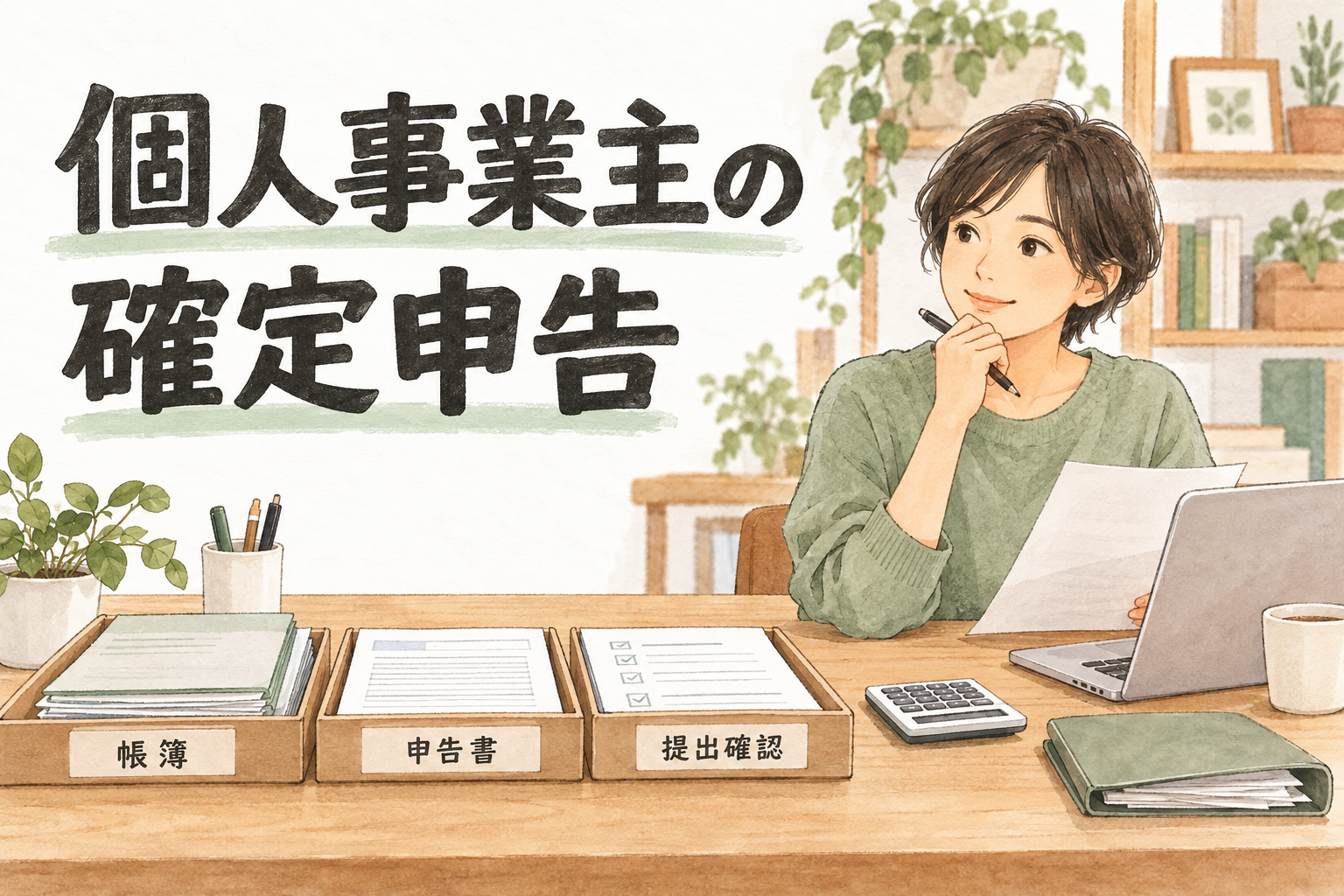 個人事業主の確定申告に向けて帳簿・申告書・提出確認の資料を整理する店主